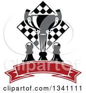 Black And White Chess Trophy Cup Pieces And A Board Over A Blank Red Ribbon Banner