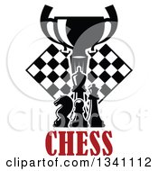 Poster, Art Print Of Black And White Chess Trophy Cup Pieces And A Board Over Red Text