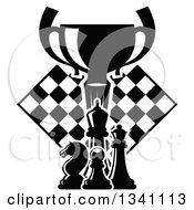 Clipart Of A Black And White Chess Trophy Cup Pieces And A Board Royalty Free Vector Illustration