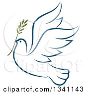 Poster, Art Print Of Sketched Flying Navy Blue Peace Dove With A Branch 3