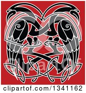 Poster, Art Print Of Black And White Celtic Knot Cranes Or Herons On Red