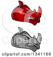 Poster, Art Print Of Cartoon Angry Red And Gray Rhinoceros Heads In Profile 3