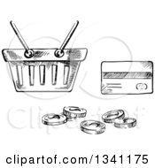 Poster, Art Print Of Black And White Sketched Shopping Basket Credit Card And Coins