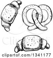 Clipart Of A Black And White Sketched Soft Pretzel And Croissants Royalty Free Vector Illustration