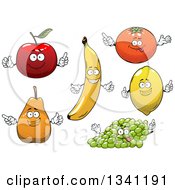 Clipart Of Cartoon Apple Banana Orange Lemon Green Grapes And Pear Characters Royalty Free Vector Illustration