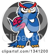 Clipart Of A Cartoon White Outlined Blue Owl Holding A Bowling Ball Over A Gray Circle Royalty Free Vector Illustration