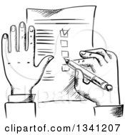 Poster, Art Print Of Black And White Sketched Businessmans Hands And Check List