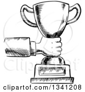 Clipart Of A Black And White Sketched Hand Holding Out A Trophy Royalty Free Vector Illustration