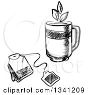 Clipart Of A Black And White Sketched Mug And Tea Bag Royalty Free Vector Illustration