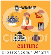 Poster, Art Print Of Flat Desig Sitar Fresh Chili Pepper And Powder Tabla Drum Vase Ancient Temple God Vishnu Bearded Man In Red Turban And Culture Text Over Yellow