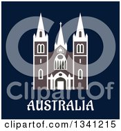 Poster, Art Print Of Flat Design Australian Landmark Anglican Cathedral Church Over Text On Navy Blue