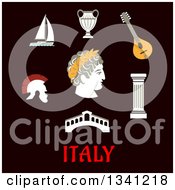 Poster, Art Print Of Flat Design Italian Caesar Roman Helmet Venice Bridge Ancient Vase Mandolin Doric Column And Sailboat Over Text On Black
