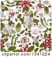 Clipart Of A Seamless Background Pattern Of Doodled Strawberry Blossoms Plants And Berries 2 Royalty Free Vector Illustration