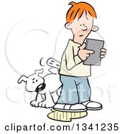 Cartoon White Dog Peeing On An Oblivious Red Haired White Boys Leg As He Plays With A Tablet Computer