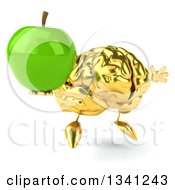 Clipart Of A 3d Gold Brain Character Holding A Green Apple Facing Slightly Right And Jumping Royalty Free Illustration by Julos