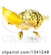 Clipart Of A 3d Gold Brain Character Holding A Banana Facing Slightly Right And Jumping Royalty Free Illustration by Julos