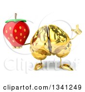 Clipart Of A 3d Gold Brain Character Holding Up A Finger And A Strawberry Royalty Free Illustration by Julos