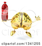 Clipart Of A 3d Gold Brain Character Holding A Soda Bottle And Jumping Royalty Free Illustration by Julos