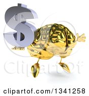 Clipart Of A 3d Gold Brain Character Holding A Dollar Currency Symbol Facing Slightly Right And Jumping Royalty Free Illustration by Julos