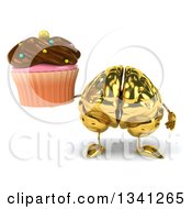 Clipart Of A 3d Gold Brain Character Holding A Chocolate Frosted Cupcake Royalty Free Illustration by Julos
