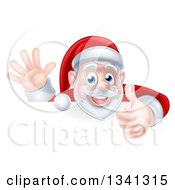Clipart Of A Cartoon Christmas Santa Claus Waving And Giving A Thumb Up Over A Sign Royalty Free Vector Illustration