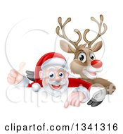 Poster, Art Print Of Cartoon Christmas Red Nosed Reindeer And Santa Giving A Thumb Up Above A Sign 2