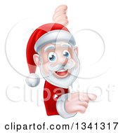 Clipart Of A Cartoon Christmas Santa Claus Pointing Around A Sign Royalty Free Vector Illustration
