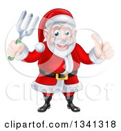 Cartoon Christmas Santa Holding A Garden Fork And Giving A Thumb Up