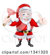 Poster, Art Print Of Happy Christmas Santa Claus Plumber Holding A Plunger And Giving A Thumb Up 3
