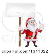 Clipart Of A Happy Christmas Santa Holding A Spanner Wrench And Blank Sign 4 Royalty Free Vector Illustration