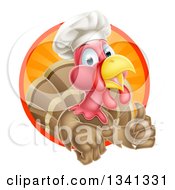 Poster, Art Print Of Happy Brown Chef Turkey Giving A Thumb Up And Emerging From A Circle Of Sunset Rays