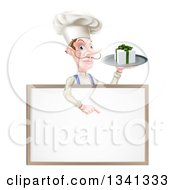 Poster, Art Print Of White Male Chef With A Curling Mustache Holding A Gift On A Platter And Pointing Down At A Blank White Board Menu Sign