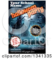 Clipart Of A Halloween Party Poster Of A Full Moon Over A Haunted Castle And Cemetery With Dead Trees In Blue Tones Royalty Free Vector Illustration