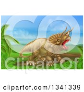 3d Roaring Angry Triceratops Dinosaur In A Landscape