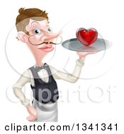 Clipart Of A Cartoon Caucasian Male Waiter With A Curling Mustache Holding A Red Love Heart On A Tray Royalty Free Vector Illustration