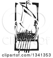 Poster, Art Print Of Black And White Woodcut Dragon Viking Ship With Oars In A Frame