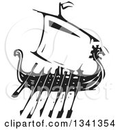Black And White Woodcut Dragon Viking Ship With Oars