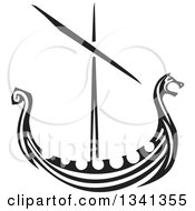 Clipart Of A Black And White Woodcut Dragon Viking Ship Royalty Free Vector Illustration