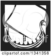 Clipart Of A Black And White Woodcut Dragon Viking Ship With A Border Royalty Free Vector Illustration