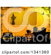 Poster, Art Print Of Halloween Background With A Witch Cat Sign Over A Spider Web Grunge Jackolantern Pumpkin Cauldron And Tombstones