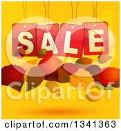 Poster, Art Print Of 3d Suspended Red Sale Tags And Floating Autumn Leaves Over Gradient And Flares