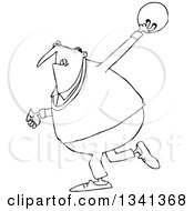 Lineart Clipart Of A Cartoon Black And White Chubby Man Swinging Back A Bowling Ball Royalty Free Outline Vector Illustration