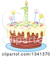 Poster, Art Print Of First Birthday Cake With A Number Candle Stars Candy And Yellow Frosting