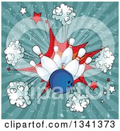 Clipart Of A Blue Bowling Ball Crashing Into Pins Over A Grungy Comic Burst And Rays Royalty Free Vector Illustration