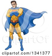 Poster, Art Print Of Cartoon Muscular Young White Male Super Hero With Folded Arms Wearing A Yellow And Blue Suit
