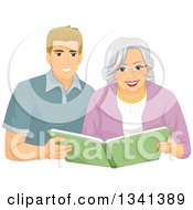 Happy Senior White Woman Looking Through A Book With A Caregiver Or Her Grandson
