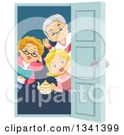 Poster, Art Print Of Happy Senior Caucasian Man And Women Welcoming For A House Party At A Door