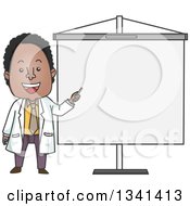 Cartoon Happy Black Male Doctor Pointing To A Presentation Board
