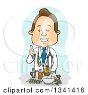 Cartoon Happy White Male Naturopathic Doctor Giving A Thumb Up Over Herbal Medicine