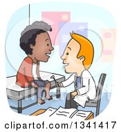 Poster, Art Print Of Cartoon Happy White Male Doctor Using A Reflec Hammer On A Black Male Patients Knee